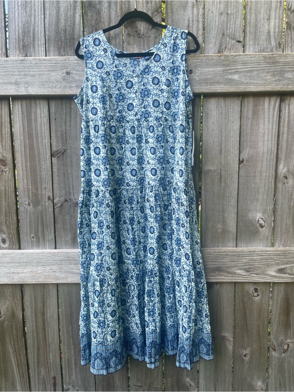 PHOOL NWT Sleeveless Blue Printed Tiered Maxi Dress Sz L